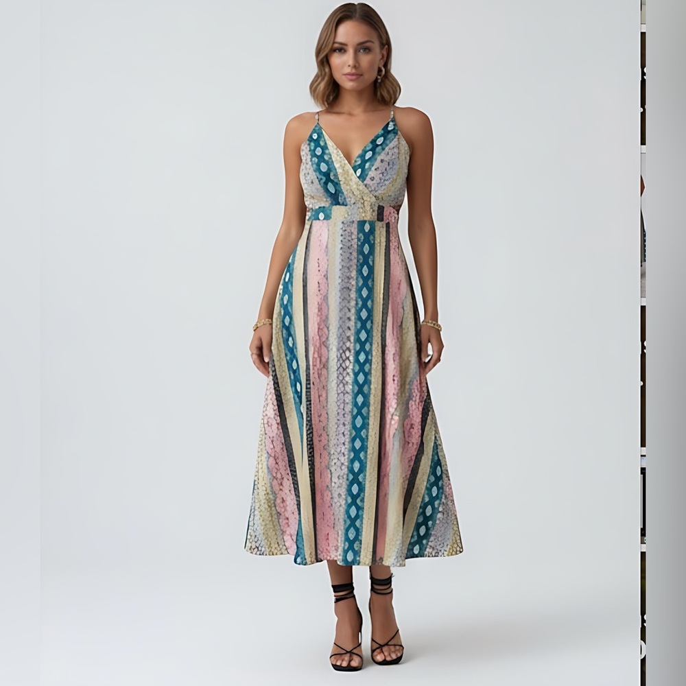 Boho Floral & Geo Print Backless Wrap Split Thigh Dress. - Picture 5 of 12